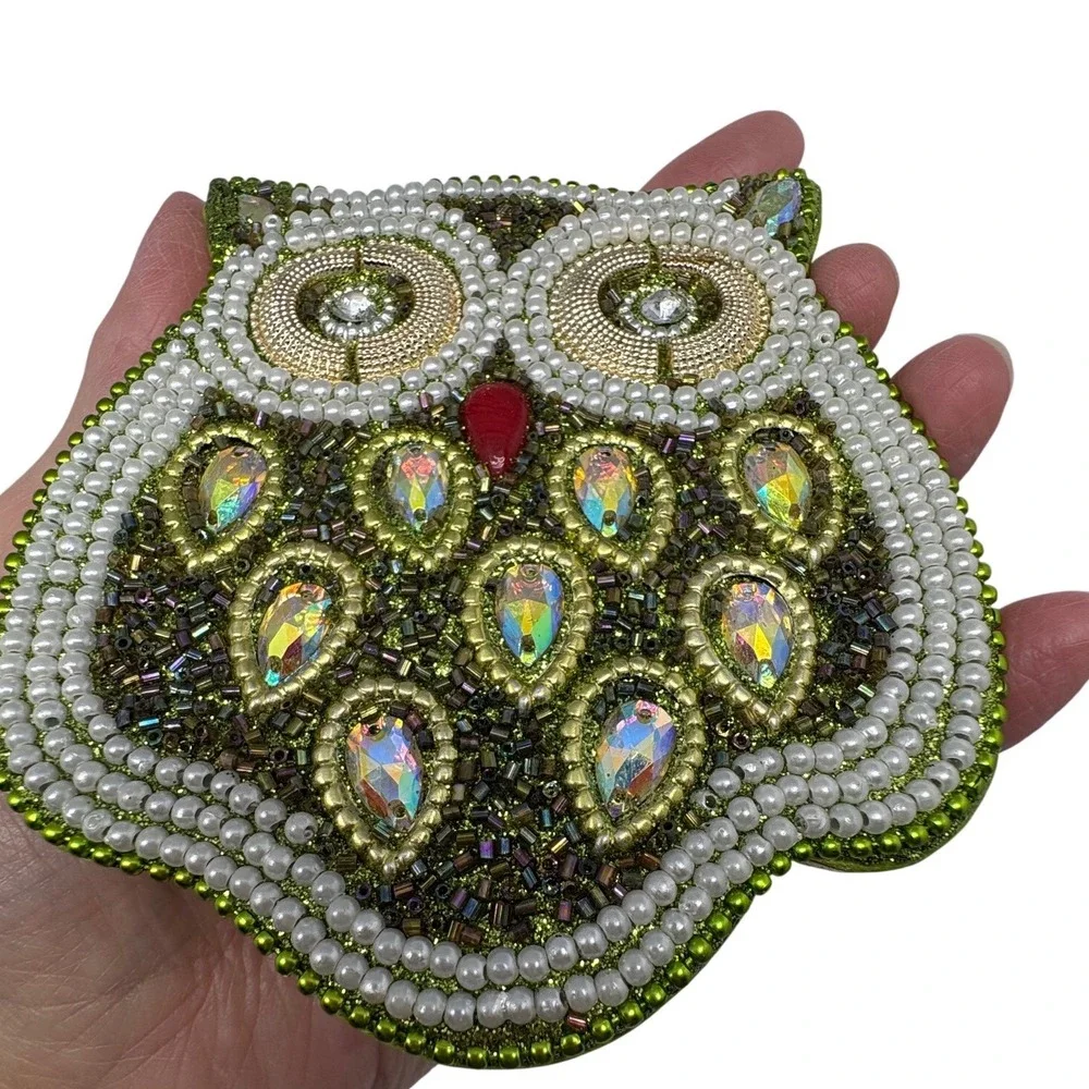 Green Beaded Owl Shaped Notebook Whimsical Iridescent Rhinestone Pearl Journal